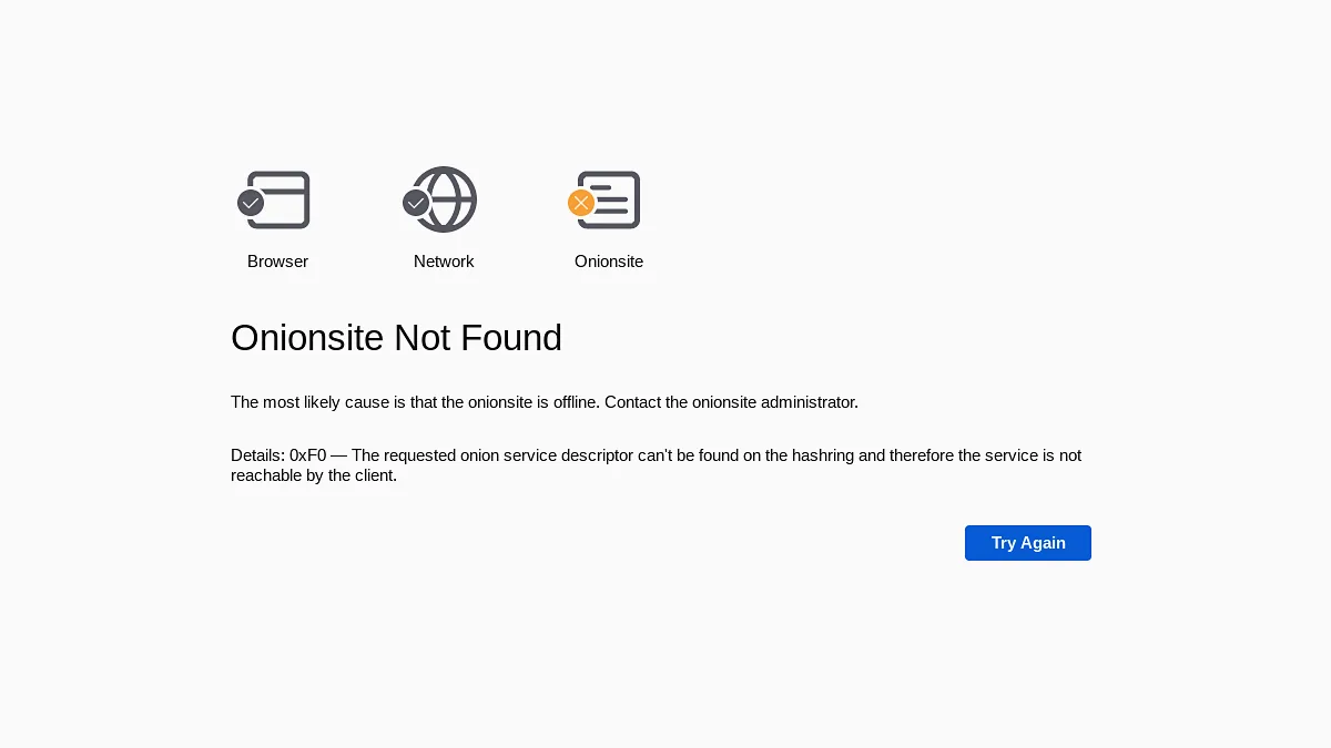Tor Browser error page shown after Cartel Market went offline