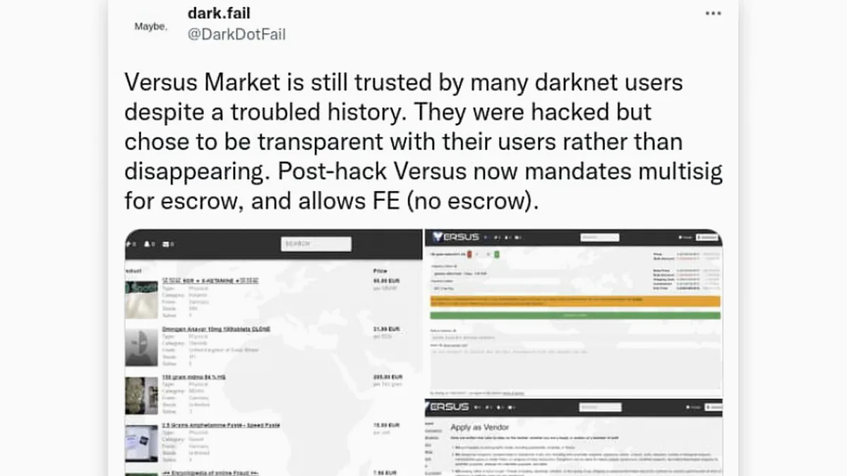 dark.fail account commenting on Versus Market on Twitter