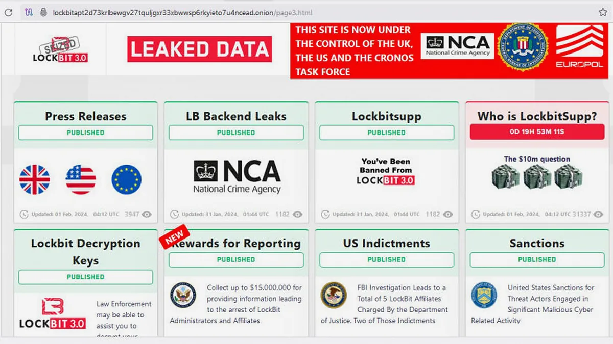 LockBit leak site after the February 2024 law-enforcement takeover (Operation Cronos)