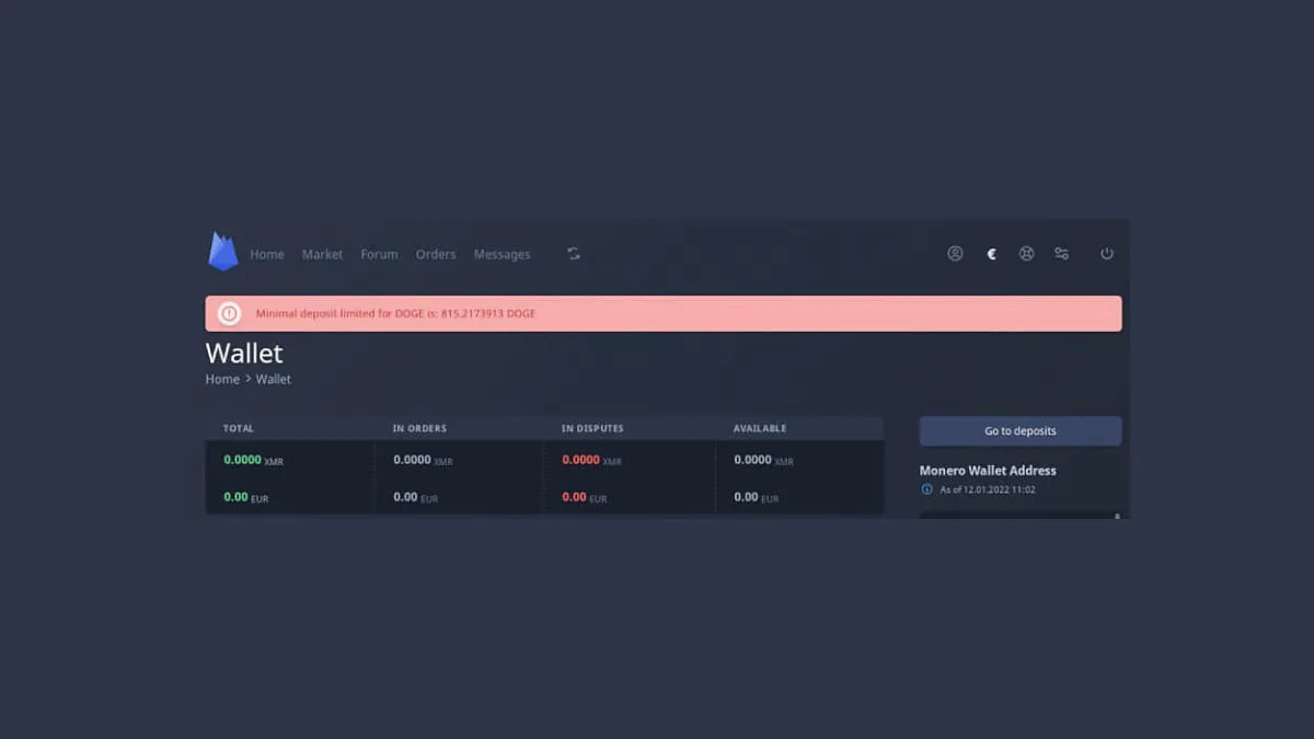 Archetyp wallet page: the market accepted Monero only
