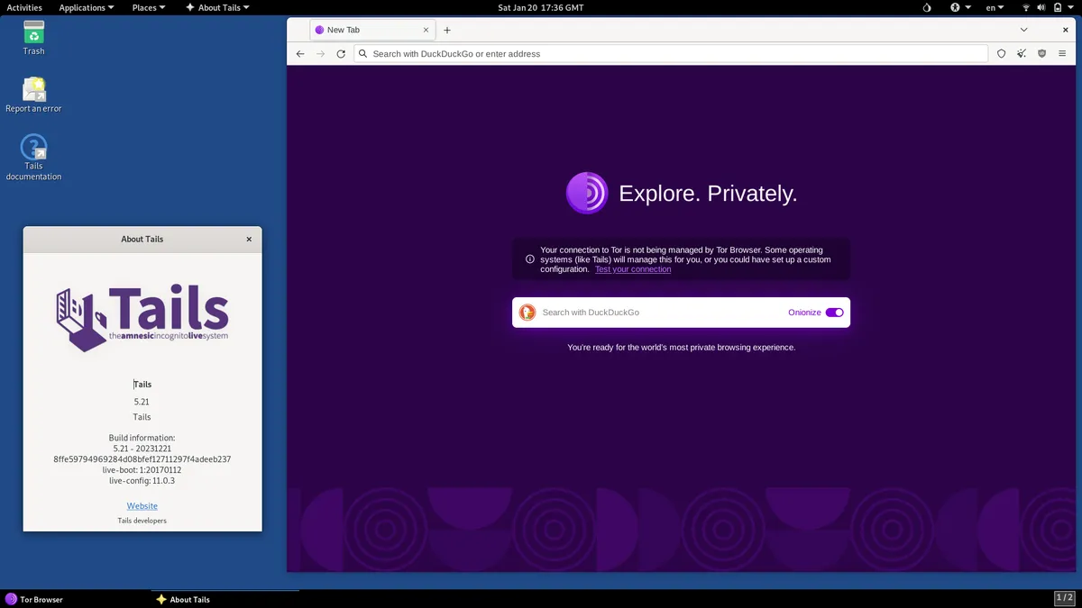 Tails desktop with Tor Browser open