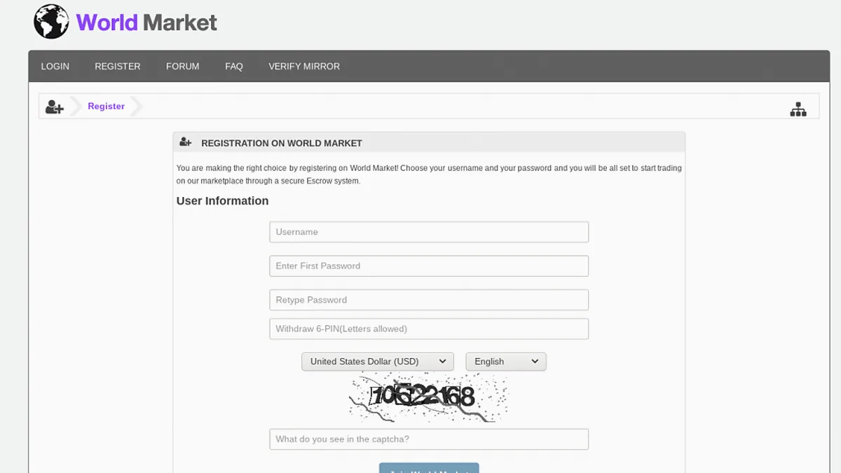 World Market registration form with the captcha step
